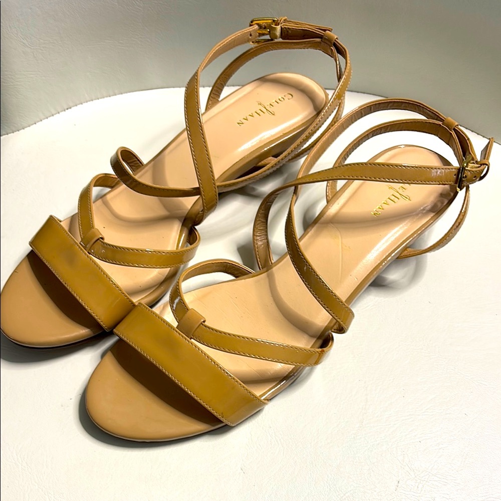 Cole Haan Shoes Nude Tan Patent Leather Strappy Wedge Sandals Size 8.5 Like New